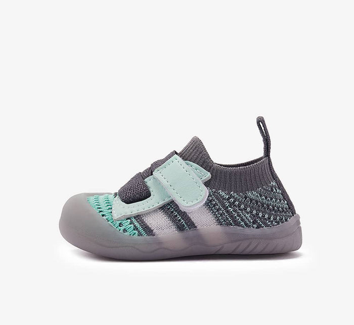 Grey and mint baby shoe with a wide rounded toe box