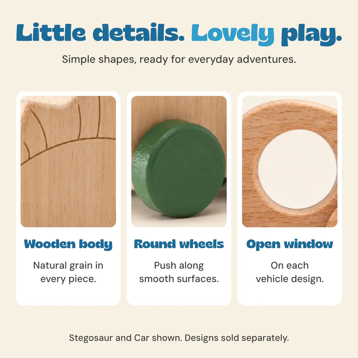 Whimsical Wheels Wooden Push Toys | Toddler Vehicle & Dinosaur Set
