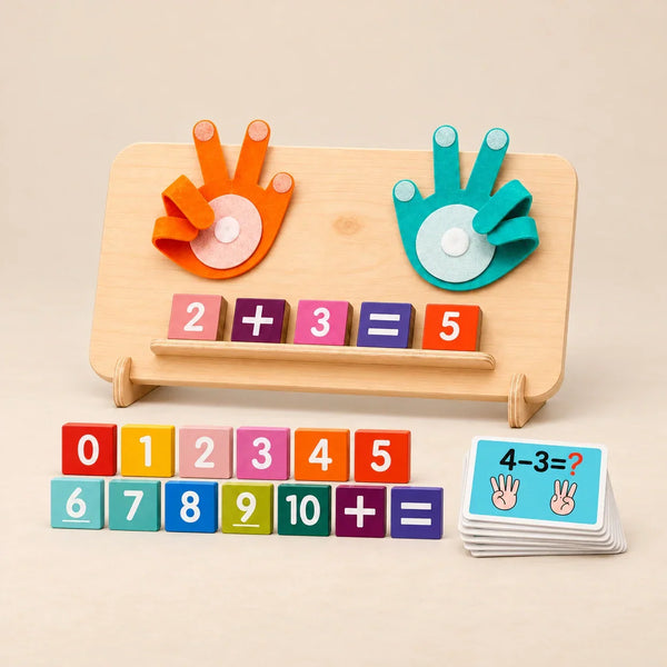 Wooden counting board with orange and teal felt hands, colored number tiles and math cards