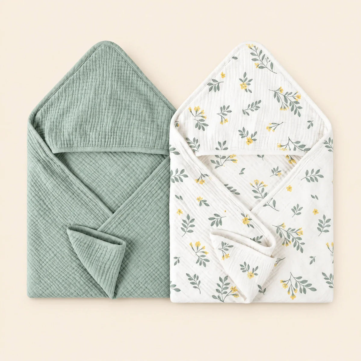 CozySprout Hooded Baby Towel Set, Sage Garden Set