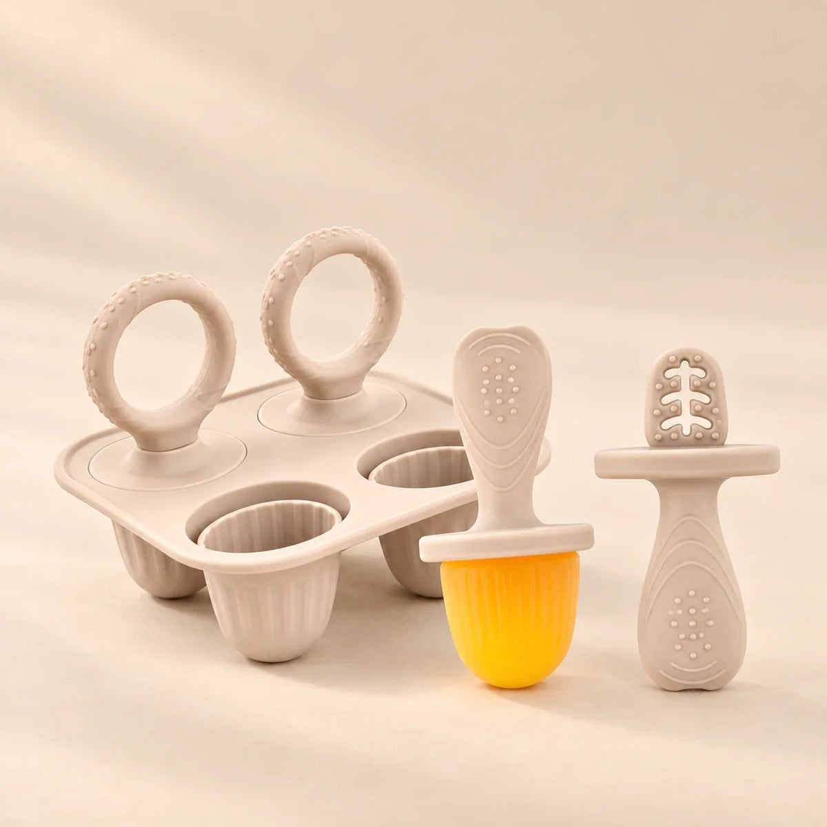 GentleBite Silicone Baby Feeder & Teether Set, Oat Beige Set