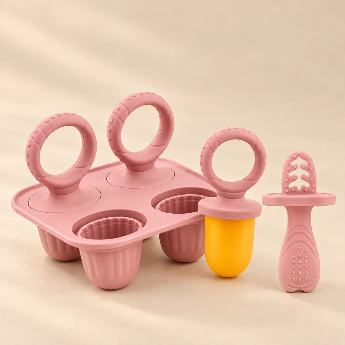 GentleBite Silicone Baby Feeder & Teether Set, Dusty Rose Set