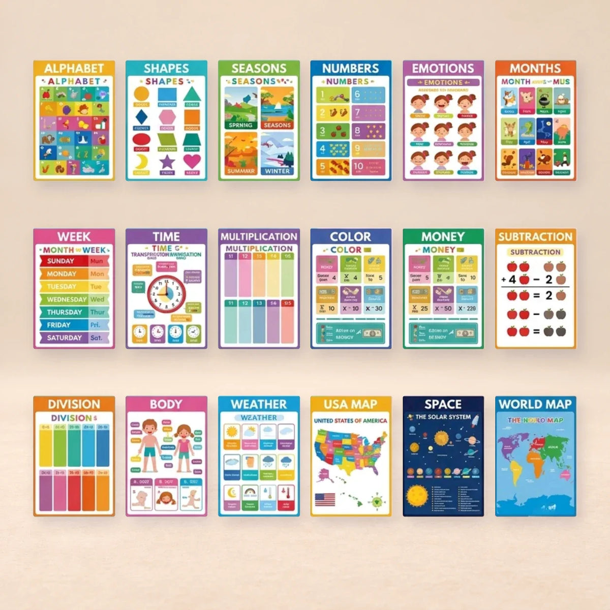 GentleGlow Educational Poster Set, Bright Minds Learning Pack, 18 Posters