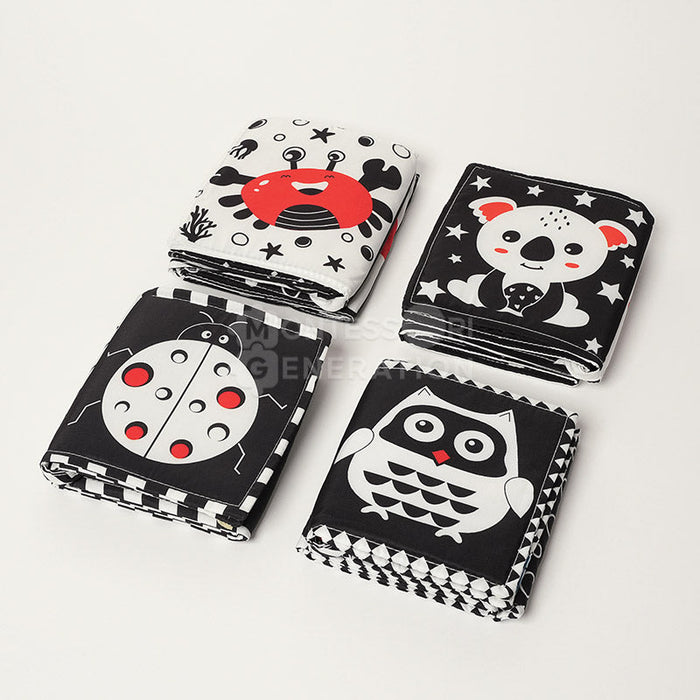 Crab, Ladybug, Koala, and Owl versions of the Montessori Newborn Contrast Book. 